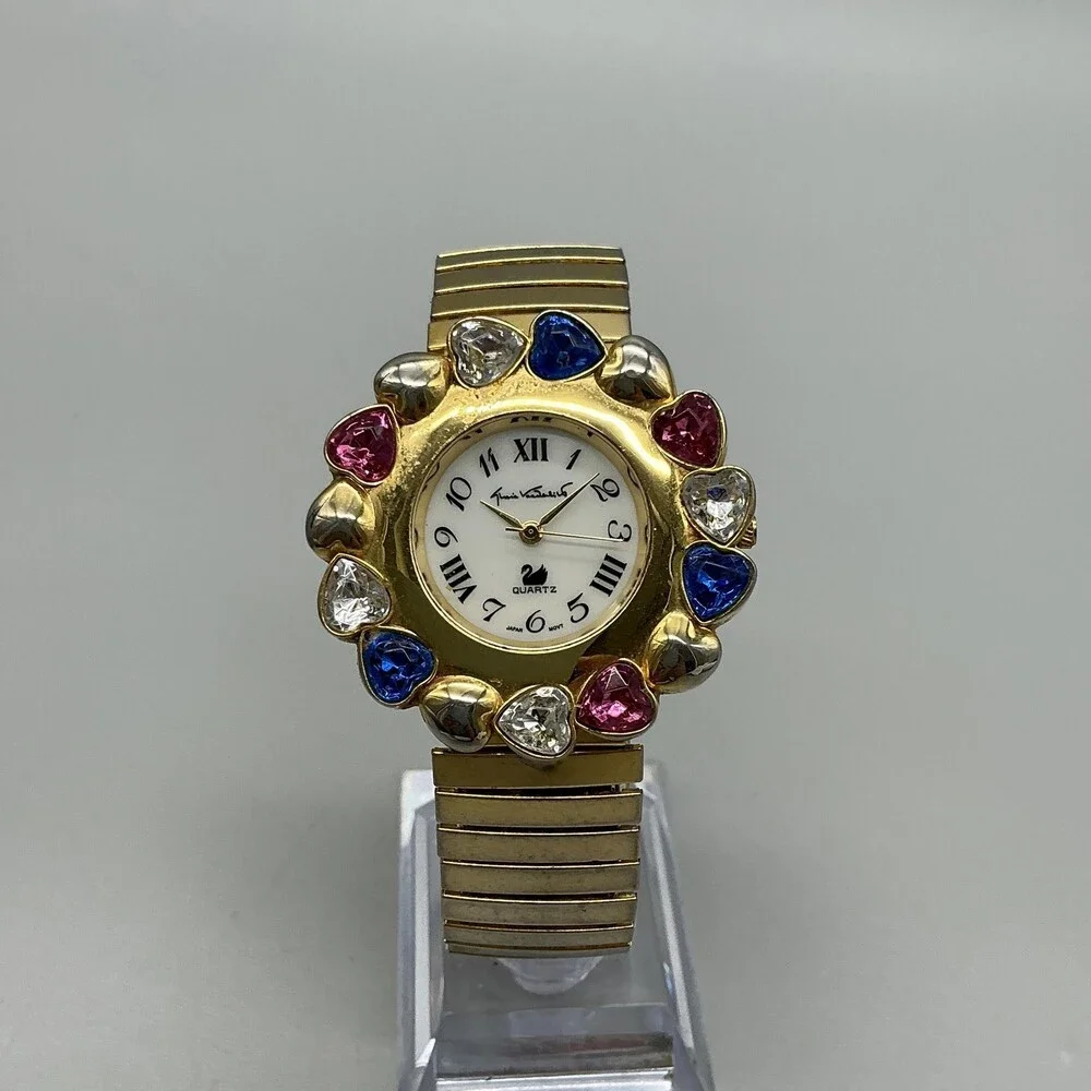 Vtg Gloria Vanderbilt V3700 Womens Watch 40mm Gold Heart Crystals New Battery